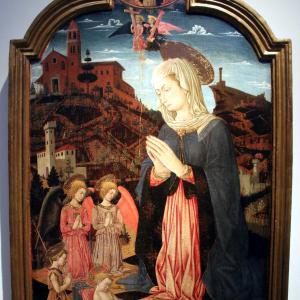 Giovanni Francesco da Rimini, Madonna in adorazione del Bambin Gesù, san Giovannino, due angeli. Padre eterno e angeli, 1460-65 - Mongolo1984