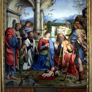 Francesco Raibolini detto il Francia, Il Bambino adorato dalla Vergine, dai santi e alla presenza di Anton Galeazzo e Alessandro Bentivoglio, (1498-99) 01 - Mongolo1984