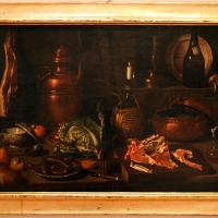 Carlo magini, natura morta con costolette d'agnello su tagliere, piatto di salsicce, cavolo e prosciutto appeso, 1750-1800 ca - Sailko - ForlÃ¬ (FC) 