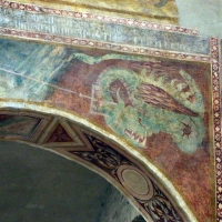Scuola bolognese, ciclo dell'abbazia di pomposa, 1350 ca., apocalisse, 19 michele sconfigge il drago 4 - Sailko