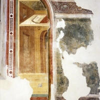 Pomposa, abbazia, refettorio, affreschi giotteschi riminesi del 1316-20, scranni 02 - Sailko