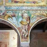 Scuola bolognese, ciclo dell'abbazia di pomposa, 1350 ca., apocalisse, 11 michele e gli angeli sconfiggono satana 1 - Sailko - Codigoro (FE)