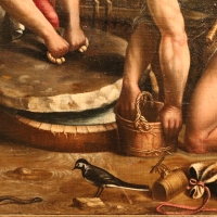 Maestro dei dodici apostoli, giacobbe e rachele al pozzo, ferrara 1500-50 ca. 08 biscia, uccellino