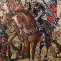 Manifattura fiamminga su dis. di bernard van orley, arazzo con battaglia di pavia e cattura del re di francia, 1528-31 (capodimonte) 05 cavalli - Sailko
