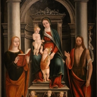 Scuola emiliana, mdonna in trono col bambino, san giovannino, il battista adulto, san giovanni evangelista e angeli musicanti, 1549 - Sailko - Modena (MO)