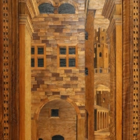 Bernardino da lendinara, due tronetti lignei con vedute di cittÃ  e i ss. ilario e giovanni battista, 1494, 02 - Sailko - Parma (PR)