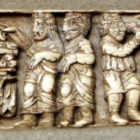 Arte copta, bassorilievo in avorio con scene della vita di cristo (miracolo della moltiplicazione dei pani e pesci e nozze di cana), IV secolo - Sailko