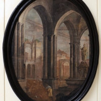 Pittore emiliano, prospettiva con porticato gorico, fontana e veduta di rovine, 1750-1790 ca - Sailko